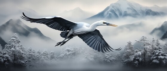 Majestic crane in flight over misty mountains, graceful and serene wildlife, elegant bird, tranquil scene.
