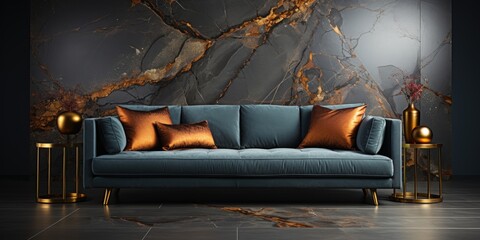 Luxurious Contemporary Living Room with Dark Grey Wall and Gold Marble Pattern