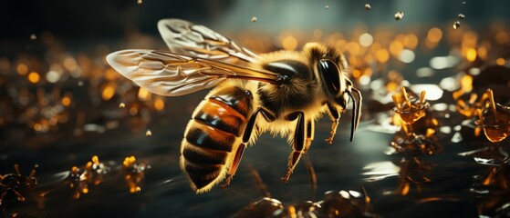 Honeybee hovering over golden honey, macro photography, wildlife detail, natural beauty, shimmering nectar. - obrazy, fototapety, plakaty