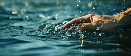 Hand gently touching water surface, sparkling droplets, refreshing moment, close-up of connection with nature. - obrazy, fototapety, plakaty