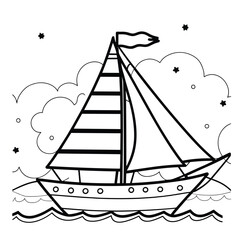 Cute and funny coloring page of a sailboat. Provides hours of coloring fun for children. To color this page is very easy. Suitable for little kids and toddlers.