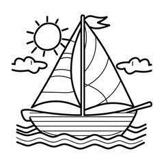 Cute and funny coloring page of a sailboat. Provides hours of coloring fun for children. To color this page is very easy. Suitable for little kids and toddlers.