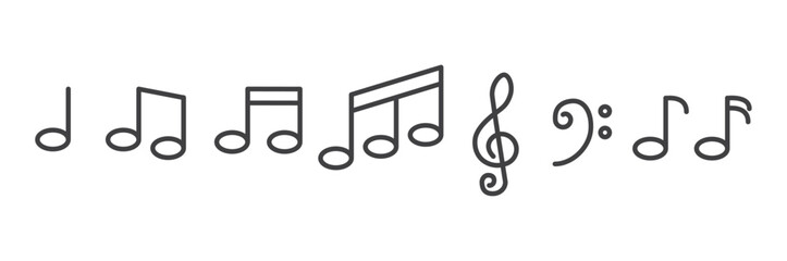 Simple icon line of Music notes, song, melody or tune icon line vector. Music elements. Treble clef music notes key icons set. Musics sheet illustration contains symbol of music notes. - obrazy, fototapety, plakaty