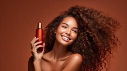 Haircare Radiance: Black Woman with Curly Hair Holding a Red Bottle - obrazy, fototapety, plakaty