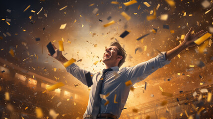 Ecstatic Person Celebrating with Confetti, Triumphant Success - obrazy, fototapety, plakaty