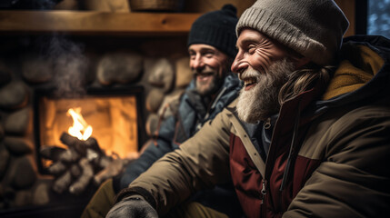Fototapeta na wymiar Warm Companionship: Two Men Enjoying a Laugh by the Cabin Fire