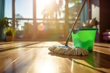 Mop and bucket on a wooden floor in sunny living room. Cleaning supplies ready for spring cleaning. - obrazy, fototapety, plakaty