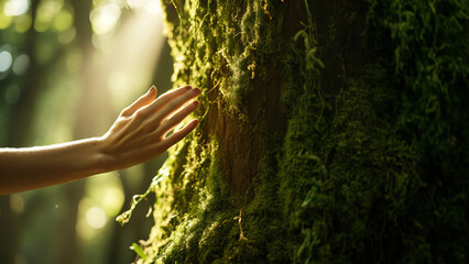 Close-up of woman's hand touching an old tree. Hand of a girl caressing tree trunk covered with...