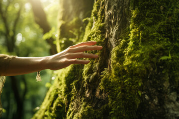 Close-up of woman's hand touching an old tree. Hand of a girl caressing tree trunk covered with moss. World Earth Day. Save the planet nature environment concept.