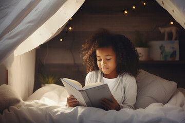 Cute little girl reading a book in his bed. Child reading in bedroom with lights on. - obrazy, fototapety, plakaty
