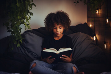 Cute little boy reading a book in his bed. Child reading in bedroom with lights on.