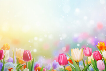 Colorful flowers bloom in the soothing soft light of spring, filled with the love of the earth. Background concept for Easter or happy holiday or anniversary celebration message card or invitation.