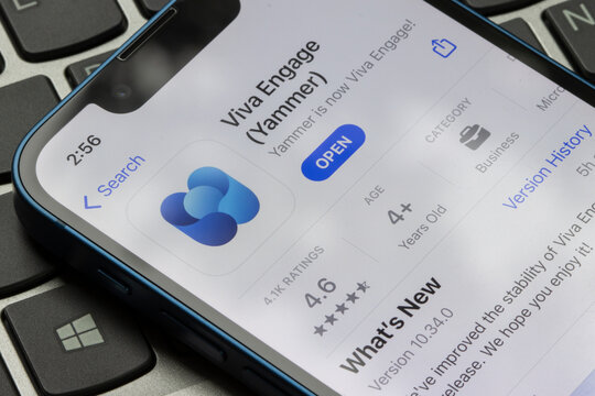Portland, OR, USA - Dec 5, 2023: Microsoft Viva Engage app is seen in the App Store on an iPhone. Viva Engage, formerly known as Yammer, is an employee communication platform.