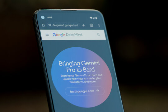 Portland, OR, USA - Dec 7, 2023: Webpage of Google's Gemini is seen on a Google Pixel smartphone. Google's Gemini AI model now powers the Bard chatbot.