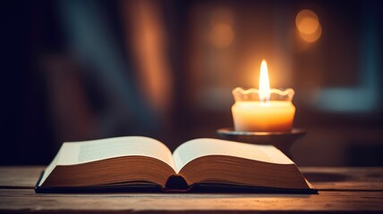An open book lies next to a glowing candle on a wooden table, creating a serene atmosphere