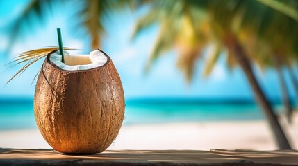 coconut cocktail on beach - obrazy, fototapety, plakaty