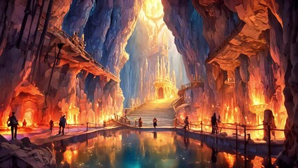 narrow passageway opens into majestic chamber, walls lined with shimmering stalactites stalagmites that glisten like precious jewels soft glow torchlight. walk deeper 2d animation