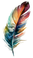 Watercolor illustration of a feather. Transparent background, png. Ai generated.