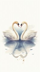 Swans forming heart reflection, romantic white birds, serene water, love symbol, minimalist art style.