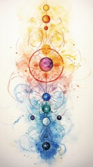 Watercolor painting of aligned chakra symbols with radiant colors on a fluid, abstract background.