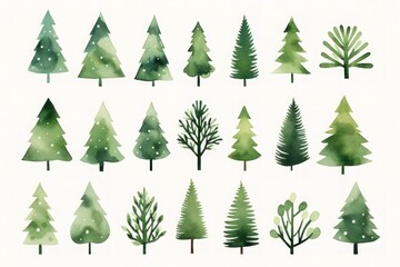 watercolor set of christmas trees on white background