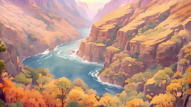 Amidst rugged terrain, veil vibrant vapors shimmers swirls, revealing glimpses majestic river that runs through heart canyon. Rainbowhued birds flutter playfully through 2d animation