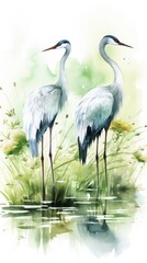 Naklejka premium Elegant cranes standing in water, a harmonious watercolor representation of wildlife and serenity in nature.
