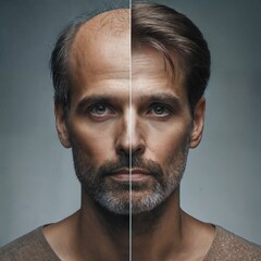 The head of a balding man before and after hair transplant surgery. Hair loss treatment. Hair transplantation and extension. Hair growth products. Generative AI. - obrazy, fototapety, plakaty