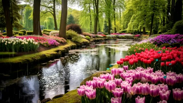 Beautiful scenery garden with colorful flowers of  river in forest.  seamless looping virtual time-lapse video animation background.