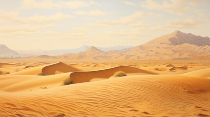 Fototapeta na wymiar Desert landscape with golden sand dunes and stones illustration.