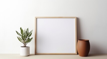 A empty picture frame alongside with flower in vase and pot