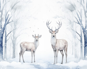winter watercolor animals - deers