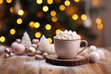 Obraz na płótnie Canvas a cup of hot chocolate with marshmallows on top with christmas decorations next to it on a wooden table with bokeh background