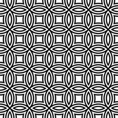 White figures tessellation on black background. Image with oval and quadrangular shapes. Ethnic arabic mosaic tiles motif. Seamless surface pattern design with interlocking circles ornament. Vector.