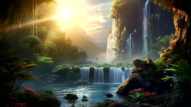 Beautiful scenery waterfall in forest  of mountains and rivers at sunrise.  seamless looping virtual time-lapse video animation background. Generated with AI