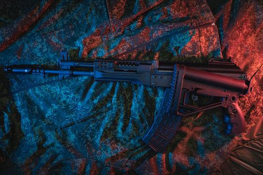 Modern rusdian military assault rifle ak12 with stock folded.