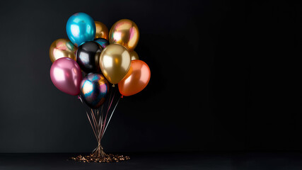 Bunch of multicolored balloons on black background with copy space