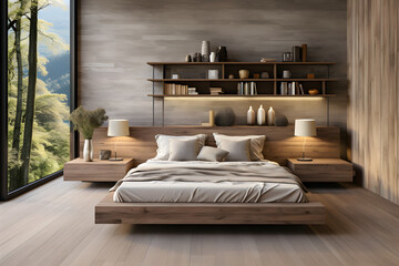 Interior design of a modern bedroom with wooden floor. Big windows with beautiful nature view. ai generated