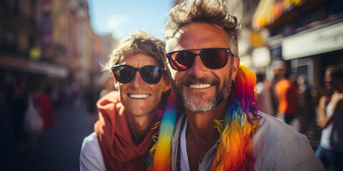 Two young men in the colours of the lgtbi flag at the gay pride demonstration. ai generated