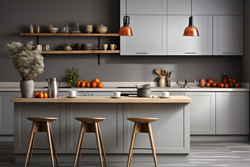 Modern scandinavian kitchen design with island and decor, ai generated