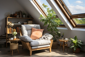 Cozy interior of an attic living room with sloping windows with an armchair and a bookcase. ai generated