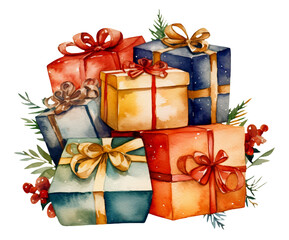 Watercolor illustration of a Christmas gift box. Transparent background, png. Ai generated.