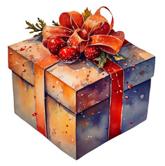 Watercolor illustration of a Christmas gift box. Transparent background, png. Ai generated.