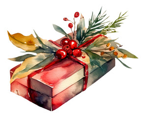Watercolor illustration of a Christmas gift box. Transparent background, png. Ai generated.