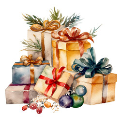 Watercolor illustration of a Christmas gift box. Transparent background, png. Ai generated.