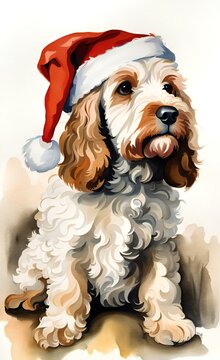 painting of a dog wearing a santa hat sitting on a floor.