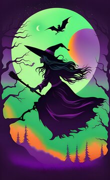 witch flying on broom with bats in front of full moon.