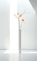 there is a vase with a flower in it sitting on a white floor.