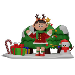 3d girl cartoon christmas Confused pose isolated on transparent background