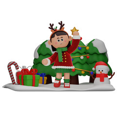 3d girl cartoon christmas Congrats pose isolated on transparent background